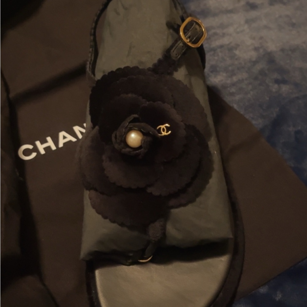 CHANEL Black Sandals with Pearl Floral Detail velvet flower